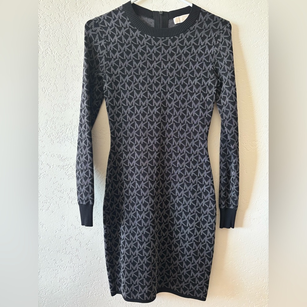 Michael Kors Black & Gray Monogram Knit Long-Sleeve Dress